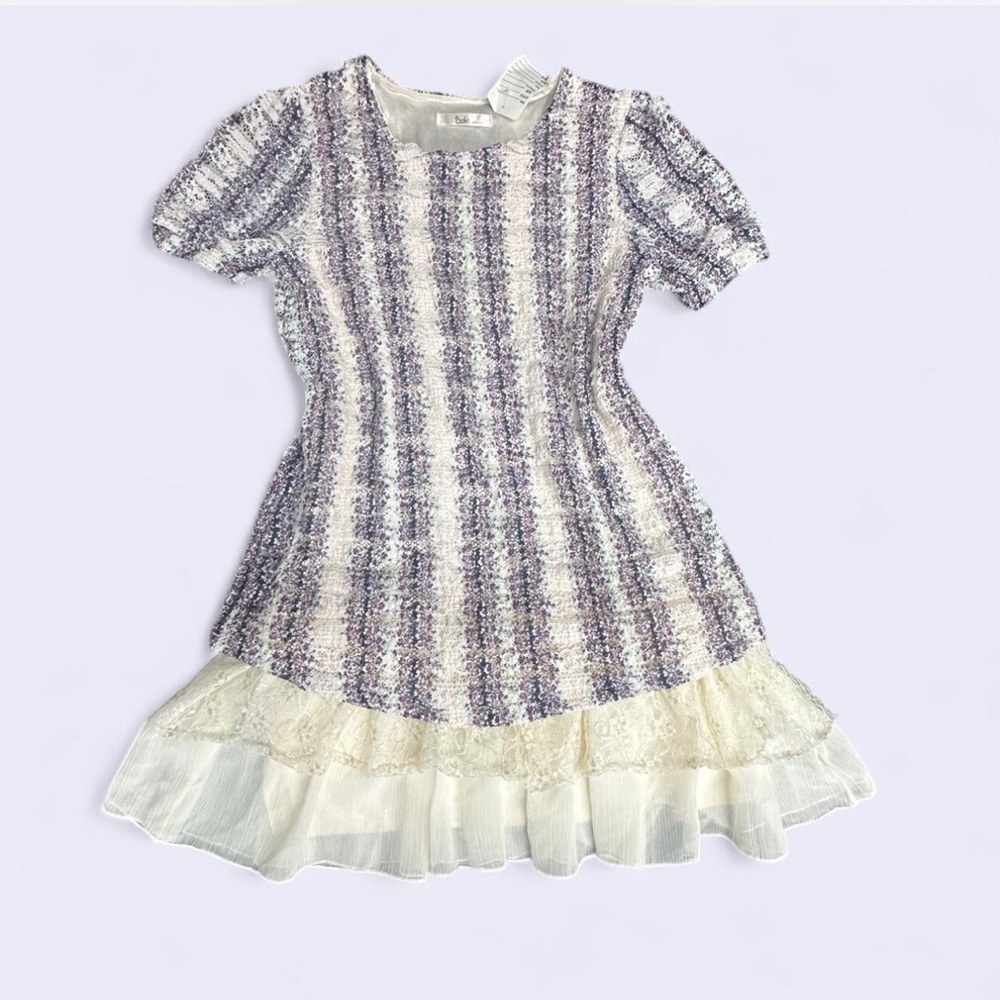Purple and White Ruffled Lace Tiered lace and satin skirt Midi Dress​